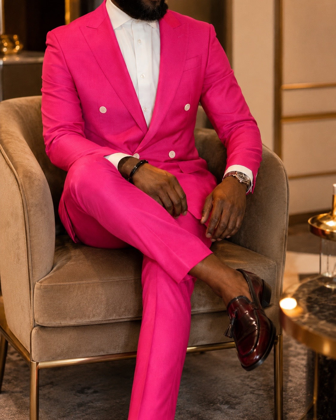 Bold pink double-breasted custom suit